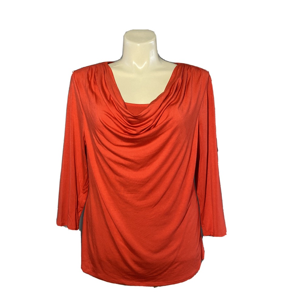 NWT Grace Elements Blouse XXL Red Orange Drape Blouse 3/4 Sl Washable‎ Top